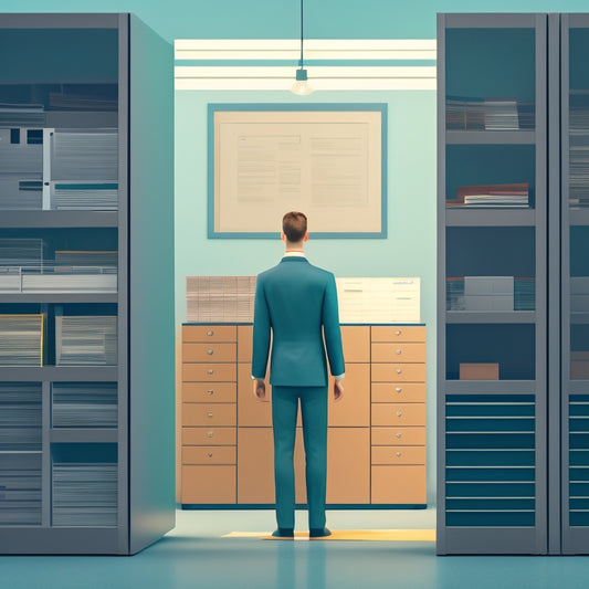 A minimalist illustration of a person standing in front of a large, organized filing cabinet with folders and papers neatly labeled, surrounded by a blurred background of chaotic paperwork.