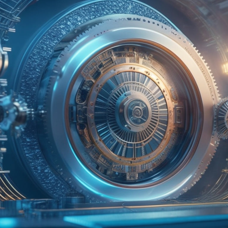 A futuristic, high-tech background with sleek, silver servers and wires, featuring a stylized clock with gears and cogs in the center, surrounded by orbiting files and folders transferring data.