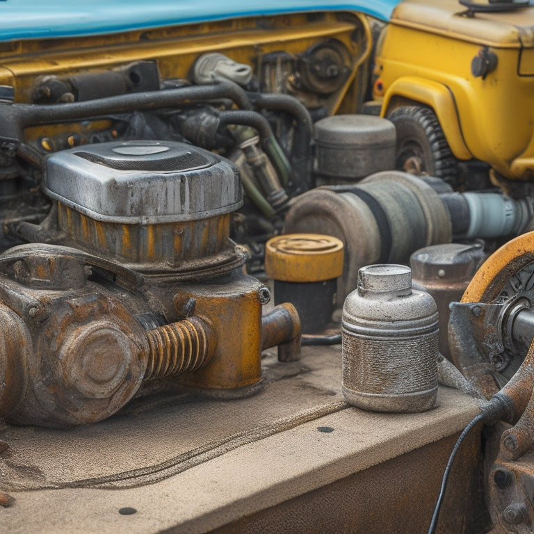 A close-up of a Jeep Wrangler's engine compartment with a worn-out water pump, rusted and leaking coolant, surrounded by tools and a new replacement pump in the foreground.