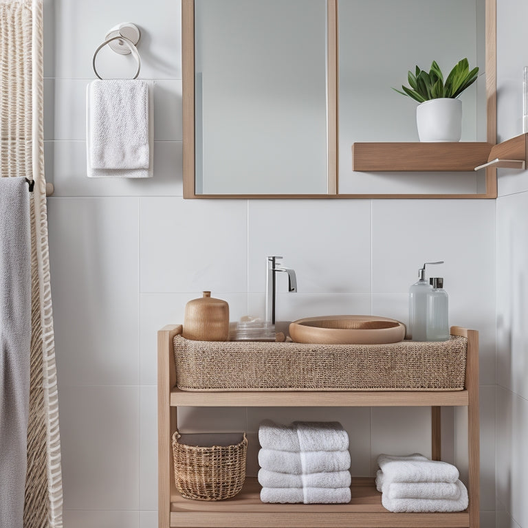 A modern bathroom with a sleek, wall-mounted wooden shelf featuring three woven baskets, a glass vase, and a few rolled towels, surrounded by a clean, minimalist aesthetic.