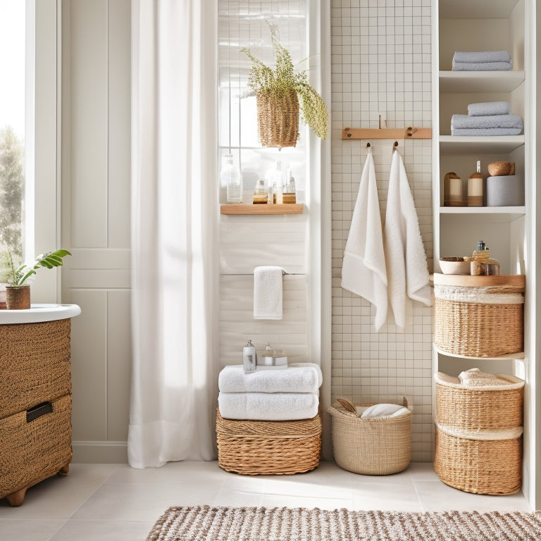 A serene, modern bathroom with cream-colored walls and light wood accents, featuring a floor-standing storage shelf with three tiers, holding baskets, towels, and decorative items, against a warm, natural light backdrop.