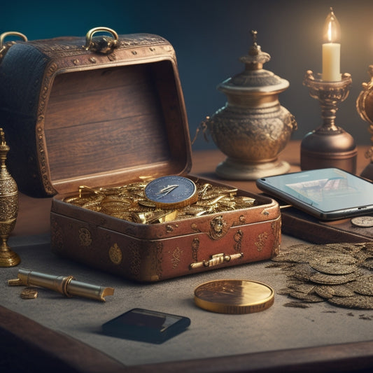 A gold key unlocking a treasure chest overflowing with coins, surrounded by a circle of laptops and smartphones with screens displaying rising charts and graphs.