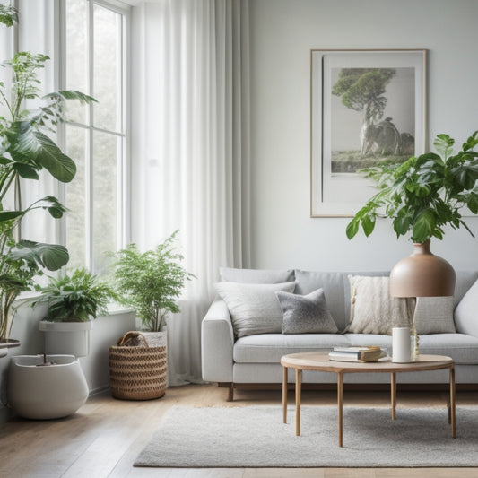 A serene, clutter-free living room with a few carefully placed plants, a minimalist coffee table, and a hint of natural light pouring in through the window, surrounded by calming white walls.