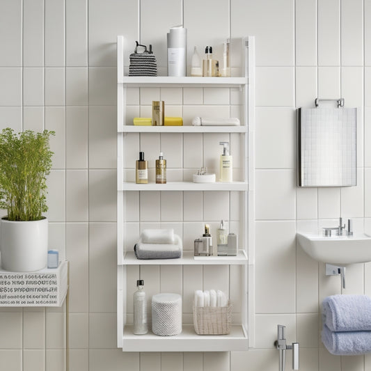 A modern bathroom with a wall-mounted, 5-tiered modular shelving unit in a sleek, white finish, holding toiletries, towels, and decorative items, against a calming gray background.