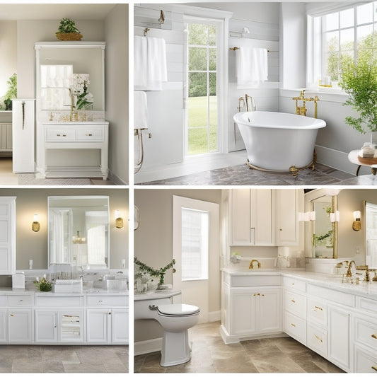 Generate an image of a serene, spa-like bathroom featuring five distinct white cabinets with varying styles and hardware, each paired with a unique sink and faucet, set against a soft, calming backdrop.