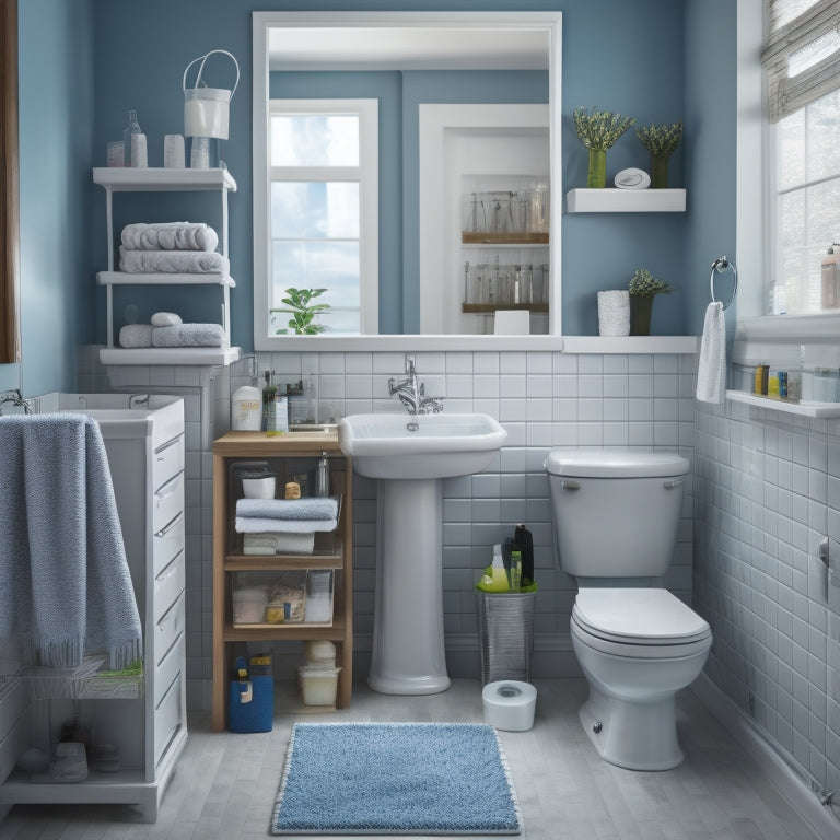 A tidy bathroom with a gleaming sink, toilet, and shower, surrounded by cleaning supplies like a caddy with toilet brush, scrubber, and bleach, a bucket with mop and dusters, and a cabinet with organized bottles.