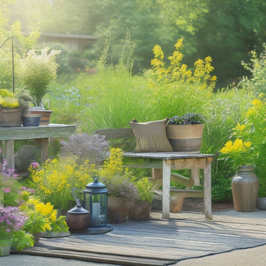 A serene garden scene with a mix of vibrant flowers, lush greenery, and repurposed items like old pallets, mason jars, and a refurbished wooden bench, set against a warm sunny background.