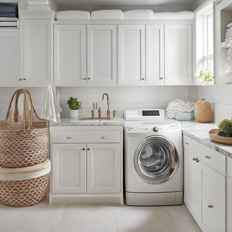 An organized laundry room with a sleek, white washer and dryer, surrounded by crisp, white cabinets, a gray-and-white marble countertop, and a woven basket filled with neatly folded towels.