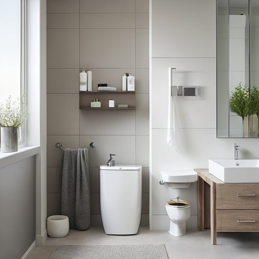 A minimalist, modern bathroom with a wall-mounted cabinet, a pedestal sink, and a floating shelf above the toilet, showcasing a mix of decorative and functional storage solutions.
