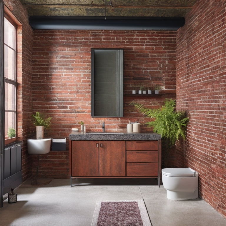 A modern industrial-style bathroom with exposed brick walls, polished concrete floors, and a sleek, metal-framed storage cabinet with open shelves and a distressed wood door, surrounded by minimalist decor.