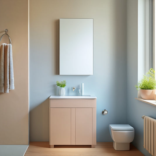 A minimalist bathroom with a compact, wall-mounted cabinet featuring a soft-close door, a pedestal sink, and a small, circular mirror, set against a calming, light-gray background.