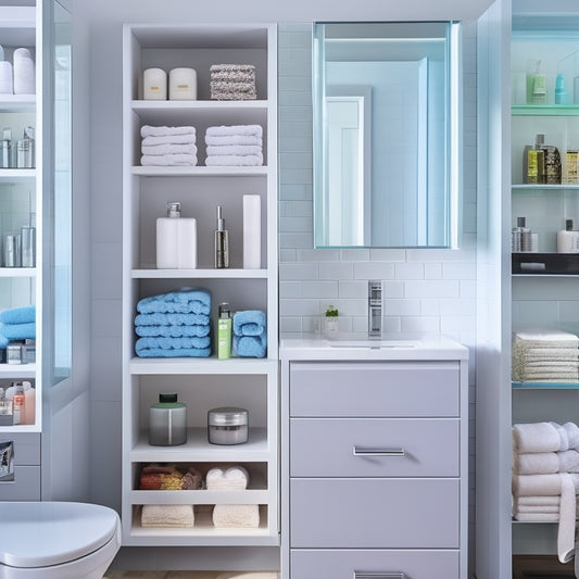 A modern bathroom with a sleek, silver-framed glass door cabinet, open to reveal neatly organized rows of toiletries, towels, and skincare products on adjustable shelves against a soft, white background.