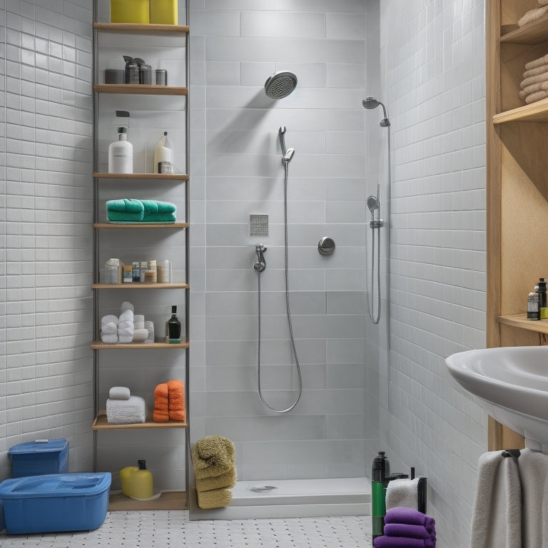 A partially tiled shower wall with a recessed area, surrounded by measuring tapes, levels, and power tools, featuring a built-in shelf with a soap dish and shampoo bottles.