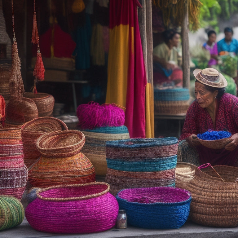 A vibrant market scene with colorful, woven baskets of various shapes and sizes, surrounded by lush greenery, with artisans in traditional clothing busily weaving in the background.