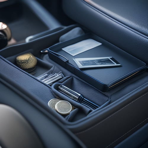 A close-up of a cluttered car glove compartment beside a tidy one, with a sleek black organizer tray holding various items like coins, keys, and a small notebook.