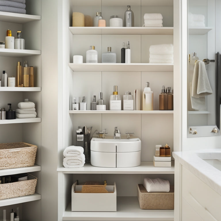 A tidy bathroom cabinet with adjustable shelves, baskets, and dividers, showcasing a organized arrangement of toiletries, towels, and beauty products in a sleek, modern white interior.