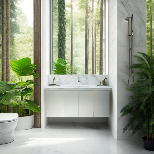 A sleek, modern bathroom with a wall-mounted sink vanity in a polished chrome finish, set against a backdrop of large, white marble tiles and surrounded by lush greenery.