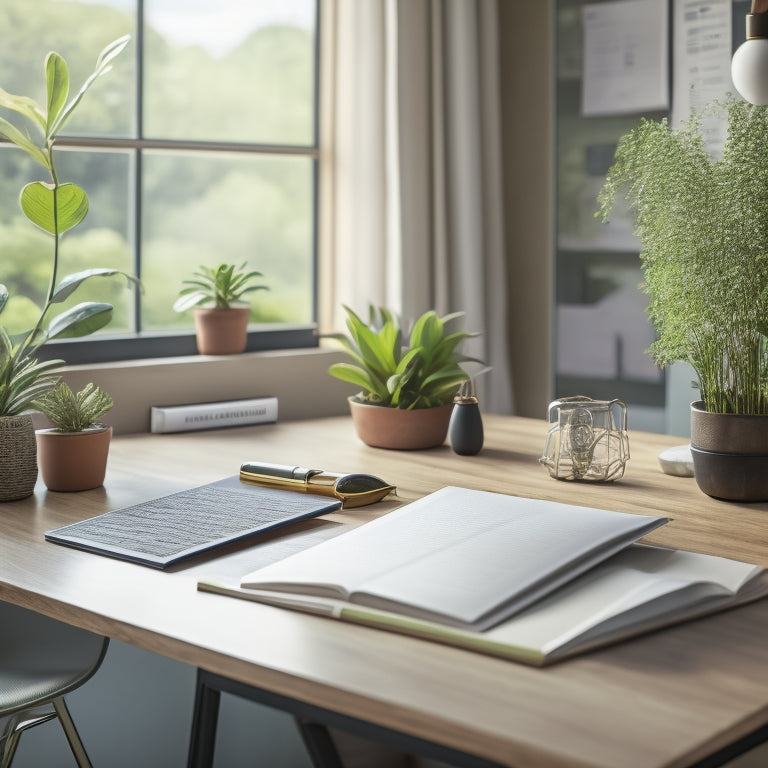 A serene and organized desk with a large calendar or planner in the center, surrounded by neatly arranged office supplies and a few strategically placed plants, with a subtle background of a peaceful outdoor scene.