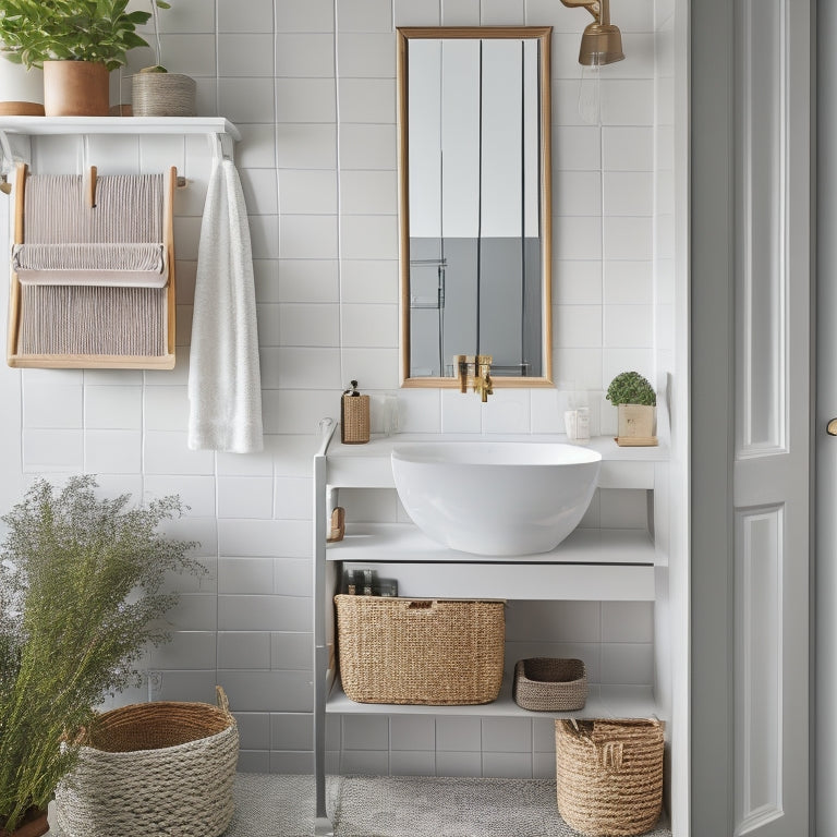 A minimalist bathroom with a pedestal sink, surrounded by clever storage solutions: a woven basket under the sink, a ladder shelf against the wall, and a hanging organizer on the back of the door.