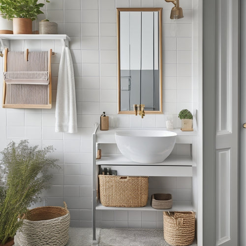 A minimalist bathroom with a pedestal sink, surrounded by clever storage solutions: a woven basket under the sink, a ladder shelf against the wall, and a hanging organizer on the back of the door.