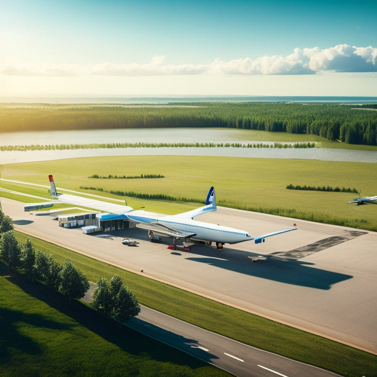 A scenic aerial view of a small, sunny airport with a few parked aircraft, surrounded by lush greenery and a few fluffy white clouds, with a subtle X-Plane logo in the corner.