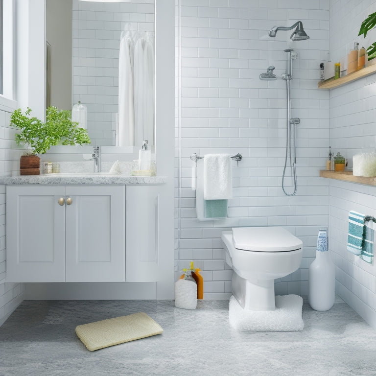 A bright, modern bathroom with a gleaming white sink, toilet, and shower, surrounded by cleaning supplies: a bucket, mop, scrub brush, and disinfectant bottles, amidst a subtle background of tile and marble.