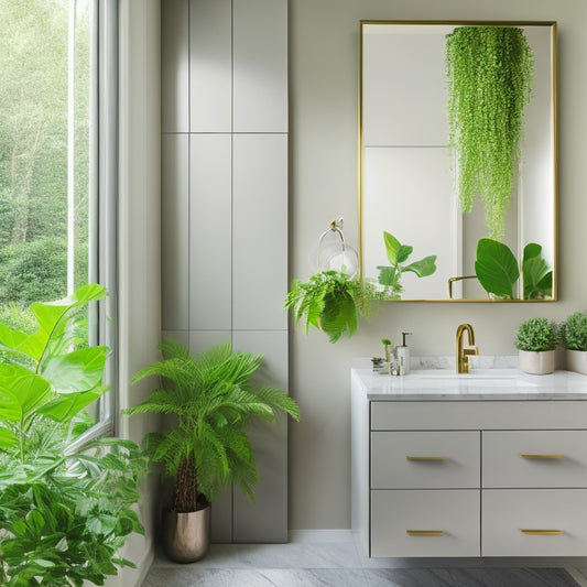 A serene bathroom featuring a sleek, minimalist mirrored cabinet, soft natural light reflecting off smooth surfaces, neutral tones, and lush green plants, creating a tranquil, clutter-free space that embodies clean aesthetics.