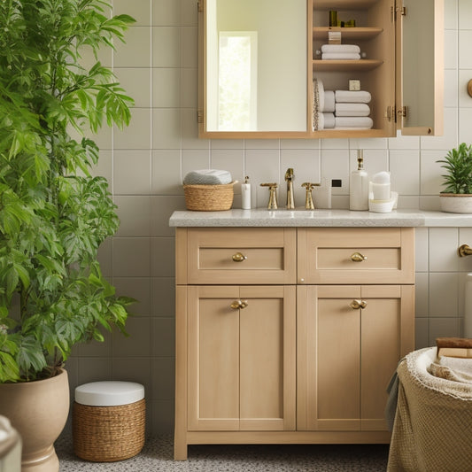 A serene bathroom scene featuring a spacious cabinet with neatly organized toiletries, soft lighting, and a few lush green plants, set against a calming backdrop of warm beige and creamy whites.