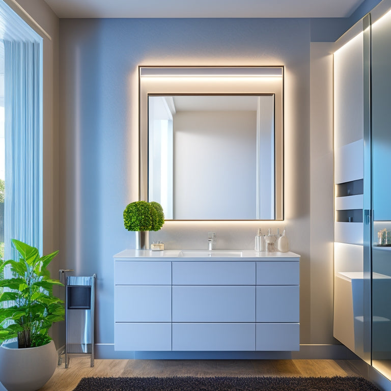 A sleek, modern bathroom with a large, rectangular mirror above a wall-mounted, polished chrome cabinet featuring soft-close drawers and a LED-lit, glass-fronted medicine cabinet.