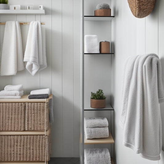 A minimalist bathroom with a wall-mounted wooden cabinet, a woven basket on a shelf, and a hanging organizer with rolled towels and a few toiletries, surrounded by calming white and gray tones.