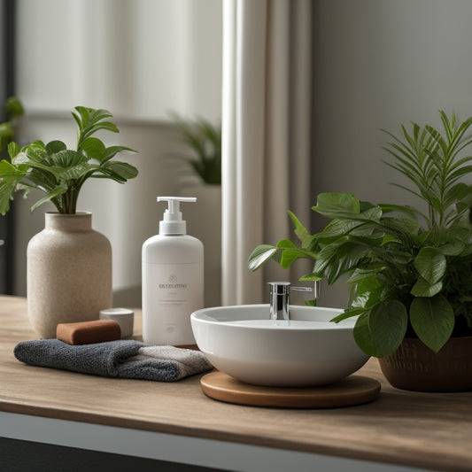 A serene bathroom countertop with a few, carefully arranged toiletries, a small potted plant, and a simple decorative tray, surrounded by ample negative space, with a soft, warm lighting effect.