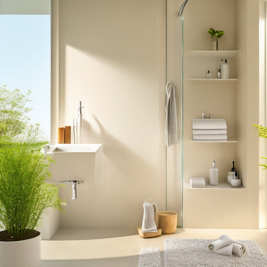 A serene, minimalist bathroom with a gleaming white shower featuring a sleek, modern corner shelf, holding a few carefully arranged toiletries, surrounded by crisp, flowing water droplets and soft, warm light.
