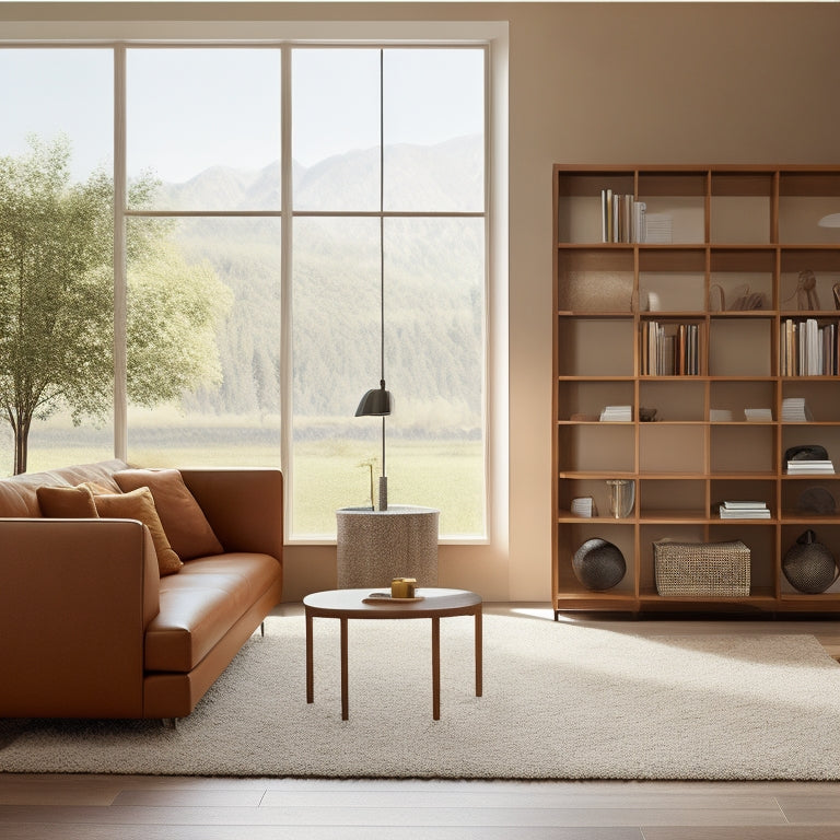 A minimalist living room with a sleek, modular cube storage system in a warm, honey-brown wood tone, featuring various cube sizes and configurations, with soft, natural light pouring in through a large window.