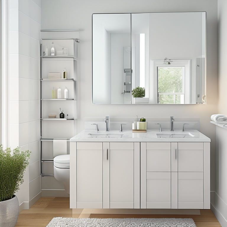 A sleek, white, wall-mounted bathroom vanity with a compact, rectangular sink and a mirrored cabinet above, nestled between two slim, chrome towel racks in a compact, modern bathroom.