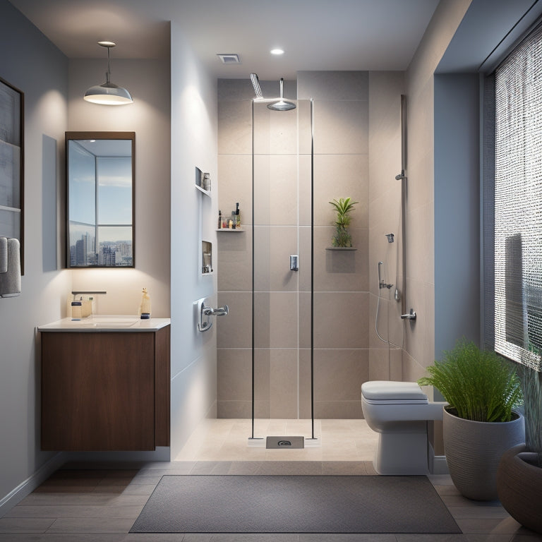 A well-lit, modern bathroom with a sleek shower area, featuring a sturdy, adjustable shower chair with non-slip legs and a comfortable, contoured seat, positioned near a grab bar and handheld showerhead.