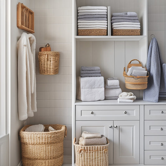 A serene, well-lit bathroom closet with neatly stacked, wicker storage baskets, a tiered shelf organizer, and a few strategically placed, sleek, silver hooks, surrounded by a calming, light gray background.
