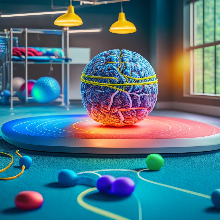 An illustration of a human brain with glowing, interconnected neurons forming a mind map, surrounded by exercise balls, resistance bands, and a subtle background of a physical therapy room.