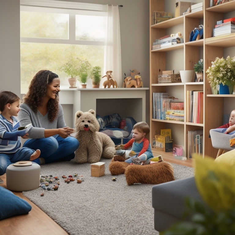 A serene, clutter-free living room with a few toys and books neatly organized on shelves, a calendar on the wall, and a calm, smiling mother playing with her happy children.