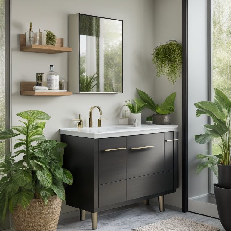 A sleek, modern bathroom vanity with a wall-mounted cabinet featuring sliding glass doors, surrounded by a clutter-free countertop, and adorned with a few decorative plants and a single, elegant soap dispenser.