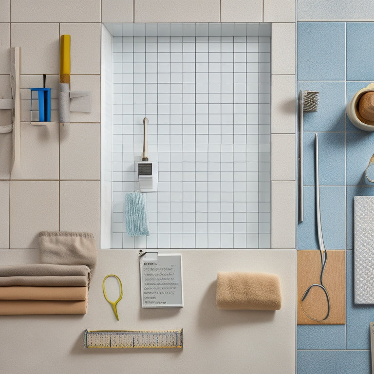 A split-level illustration featuring a partially tiled shower wall with various materials (glass, marble, ceramic) and a measuring tape, level, and notepad with a pencil nearby, surrounded by scattered tiles and tools.