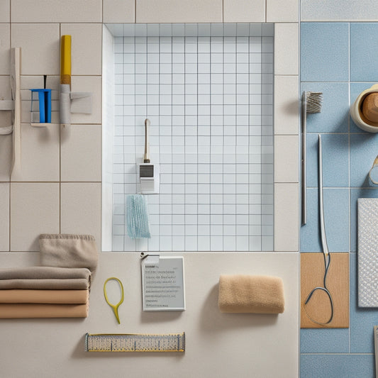 A split-level illustration featuring a partially tiled shower wall with various materials (glass, marble, ceramic) and a measuring tape, level, and notepad with a pencil nearby, surrounded by scattered tiles and tools.