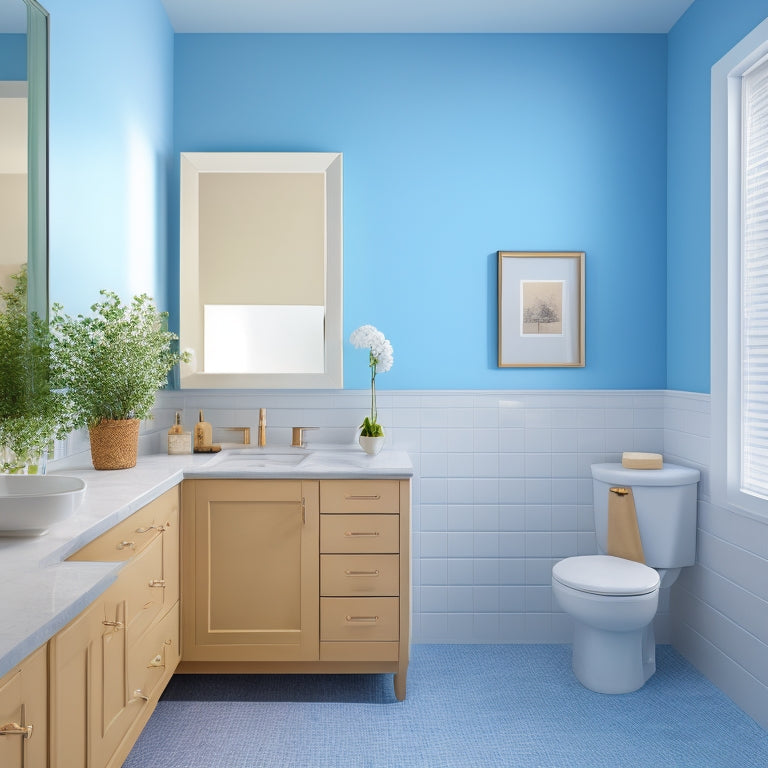 A serene, compact bathroom with blue wall cabinets, soft white countertops, and a sleek sink, surrounded by warm beige tiles and a large, circular mirror reflecting a blurred, minimalist background.