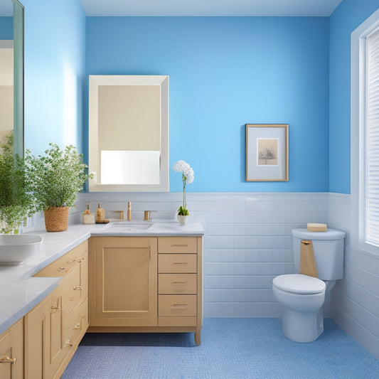 A serene, compact bathroom with blue wall cabinets, soft white countertops, and a sleek sink, surrounded by warm beige tiles and a large, circular mirror reflecting a blurred, minimalist background.