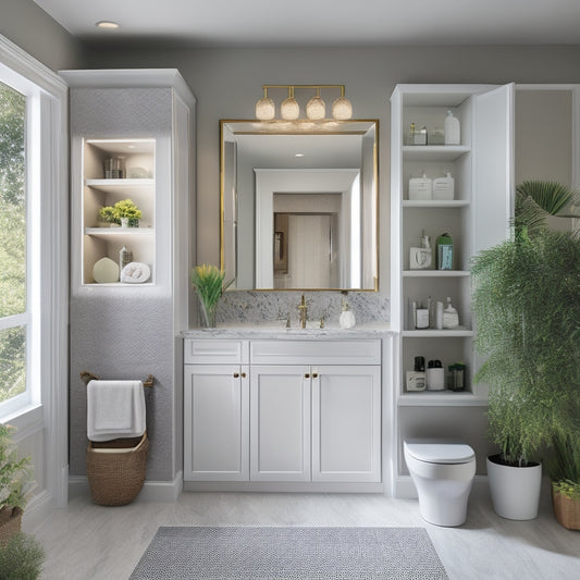 A modern bathroom with a corner cabinet featuring slide-out shelves, baskets, and a Lazy Susan, surrounded by sleek countertops, a large mirror, and a freestanding tub.