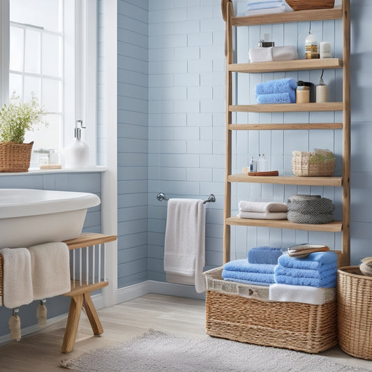 A cozy bathroom scene featuring neatly organized towels in a stylish ladder rack, vibrant color-coded baskets, and floating shelves adorned with decorative accents, all set against soft, neutral-toned walls and natural light streaming through a window.