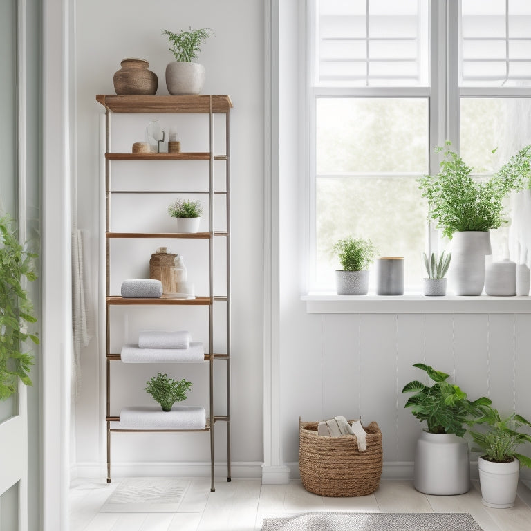 A minimalist bathroom featuring elegant white ladder shelving, adorned with neatly arranged towels, small potted plants, and decorative jars. Soft natural light filters through a frosted window, highlighting sleek tiles and a serene atmosphere.
