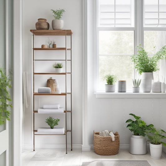 A minimalist bathroom featuring elegant white ladder shelving, adorned with neatly arranged towels, small potted plants, and decorative jars. Soft natural light filters through a frosted window, highlighting sleek tiles and a serene atmosphere.