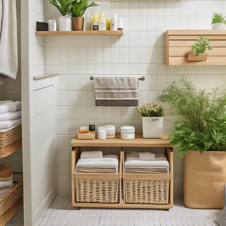 A beautifully organized under-sink bathroom space featuring sleek, clear bins filled with neatly folded towels, skincare products, and cleaning supplies, alongside a stylish, eco-friendly bamboo organizer and a potted plant for a fresh touch.