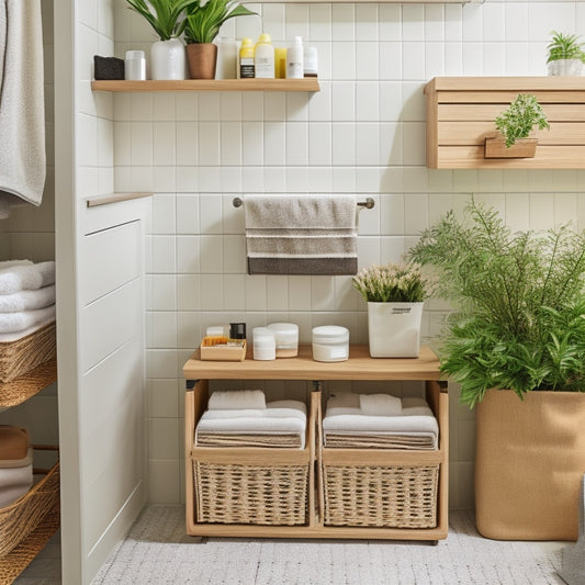 A beautifully organized under-sink bathroom space featuring sleek, clear bins filled with neatly folded towels, skincare products, and cleaning supplies, alongside a stylish, eco-friendly bamboo organizer and a potted plant for a fresh touch.