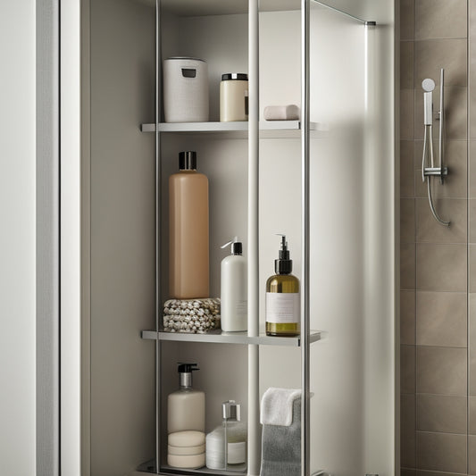 A minimalist shower with a variety of shelves in different materials (glass, metal, stone) and styles (floating, recessed, corner) showcasing different storage options for toiletries and decorative items.